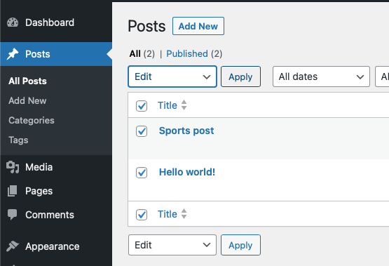 Several posts are selected on the Posts page in the WordPress admin. The bulk action "edit" is chosen.